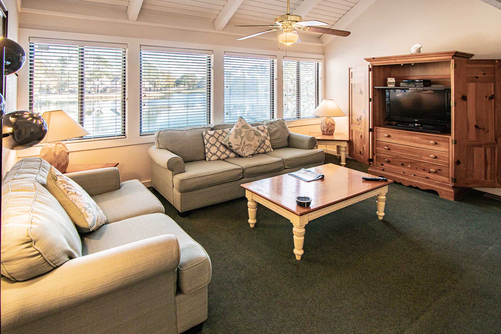 A cozy living room at VRI's Waterwood Townhomes in New Bern, North Carolina.